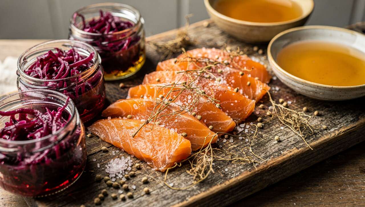 Gravlax de saumon : recette au sel fumé et pickles de chou rouge