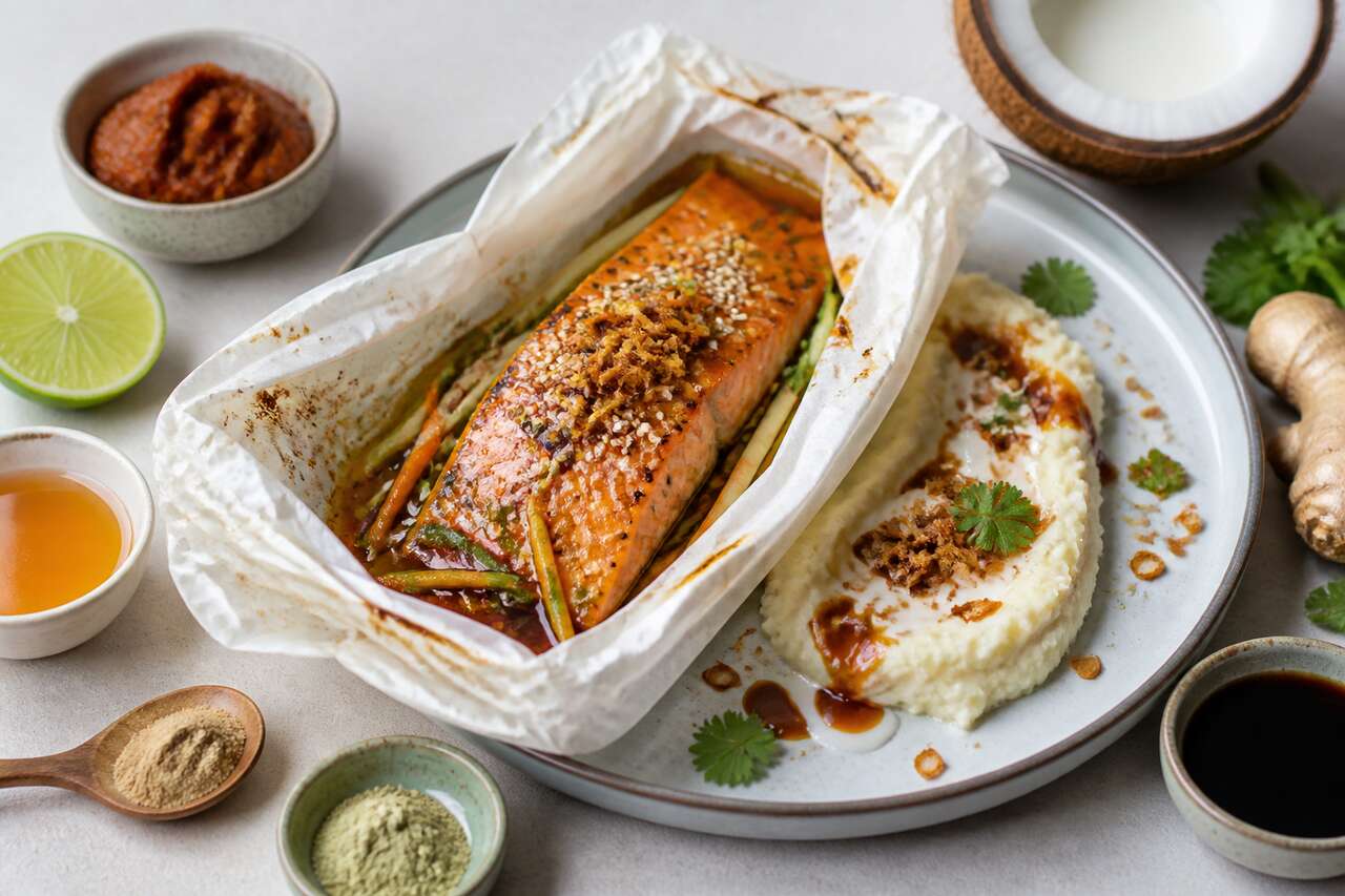 Papillote de truite asiatique et purée céleri-coco
