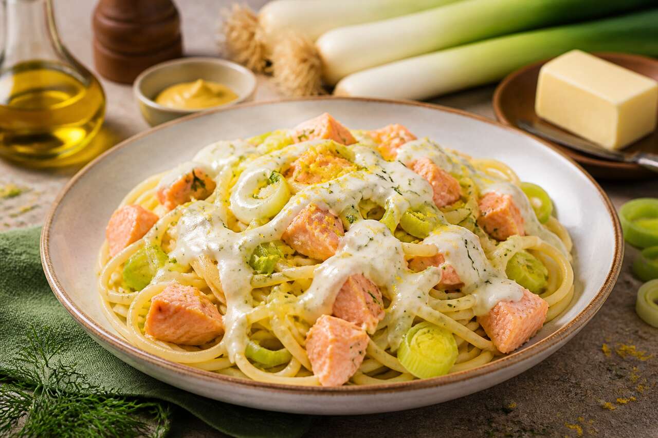 Spaghetti au saumon et fondue de poireau : recette savoureuse
