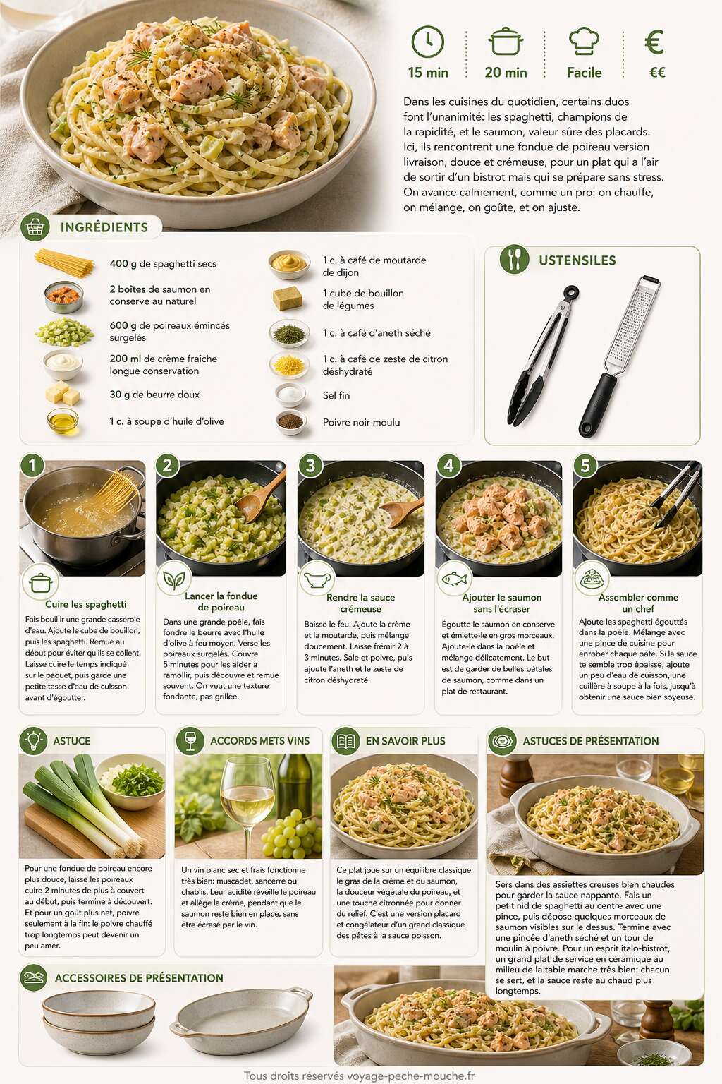 Fiche recette Spaghetti au saumon et fondue de poireau : recette savoureuse Fiche recette Spaghetti au saumon et fondue de poireau : recette savoureuse