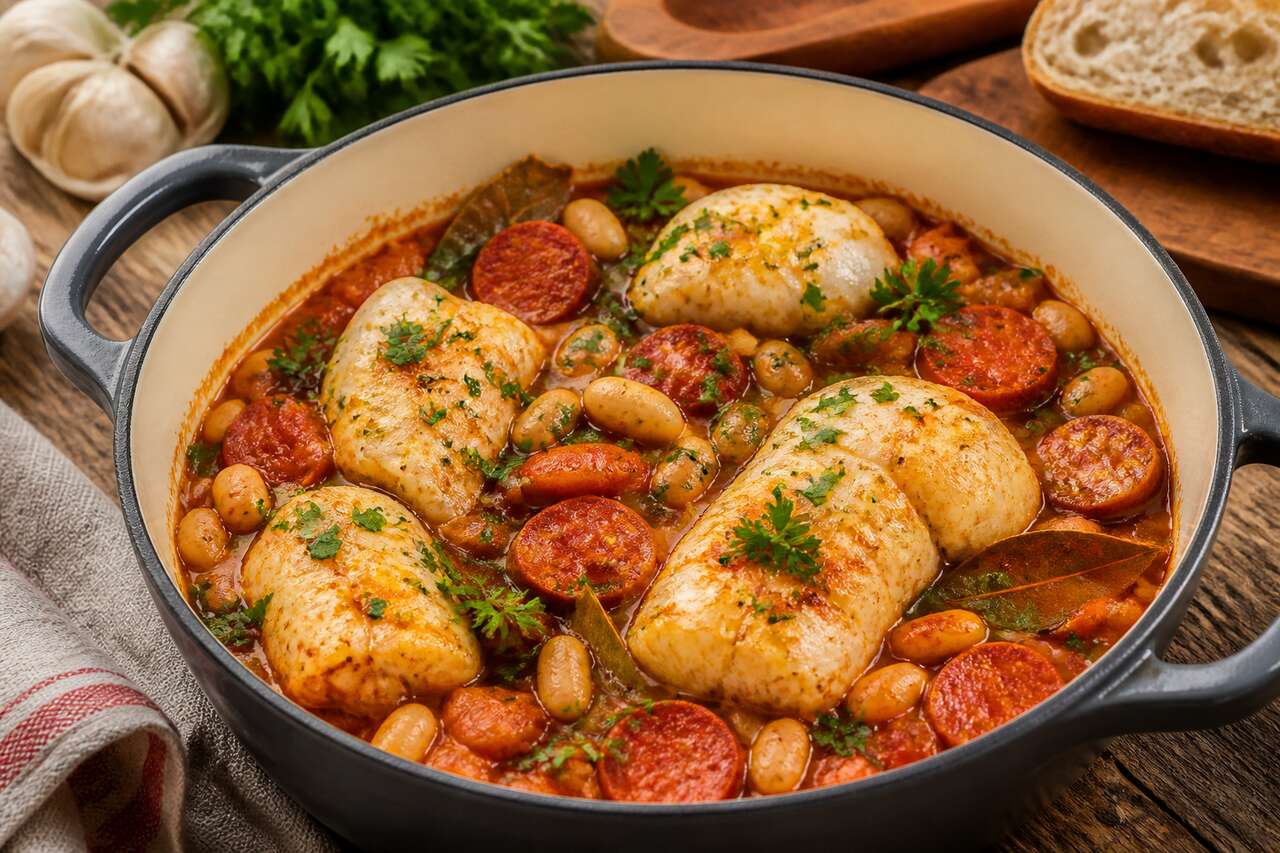 Cocotte de lotte aux cocos de Paimpol et chorizo