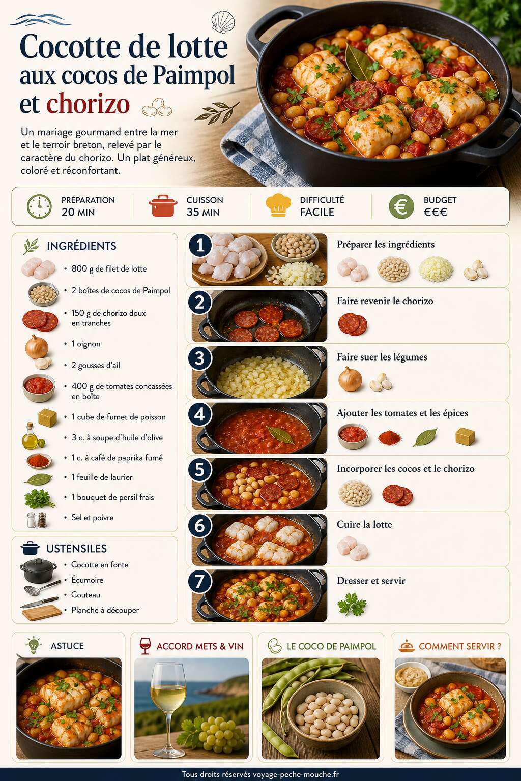Fiche recette Cocotte de lotte aux cocos de Paimpol et chorizo