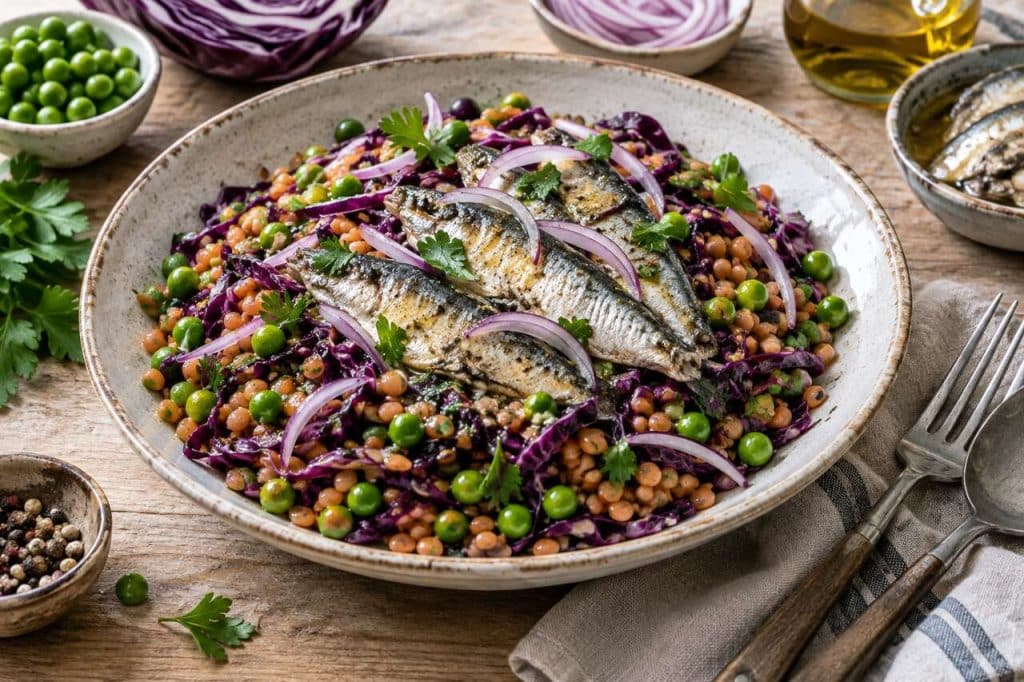 Salade Violette : lentilles, pois et Sardines