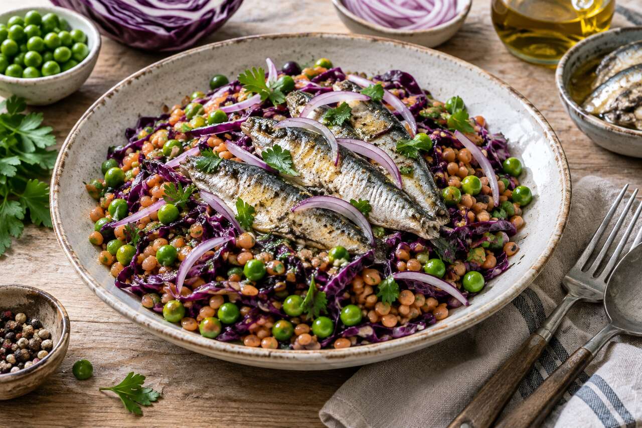 Salade Violette : lentilles, pois et Sardines